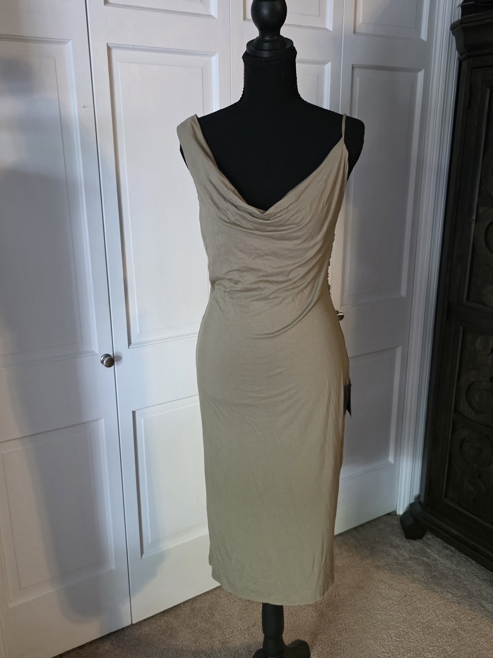 NWT Lulus Taupe Cowl Neck Midi Dress Open Back Side Slit Bodycon M